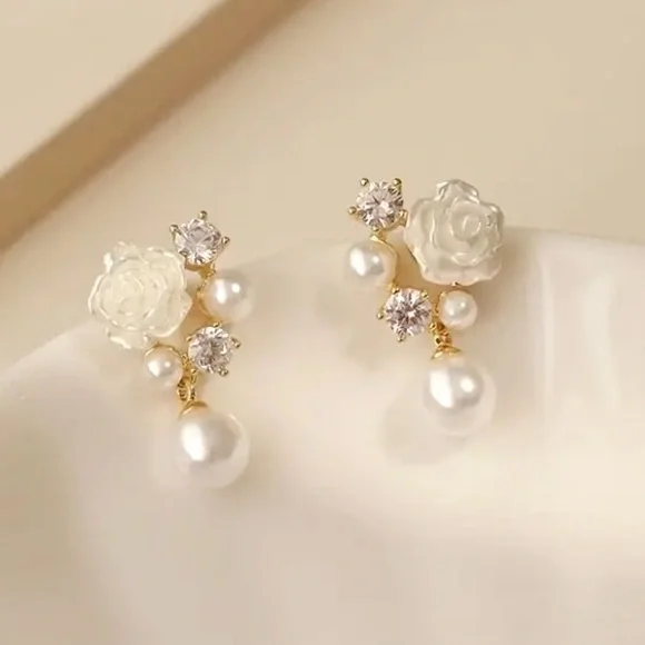 Diamond & Pearl White Rose Gold Toned Stud Earrings - Picture 3 of 3